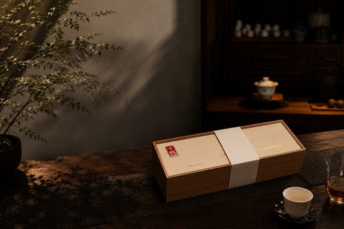 千賀八禮 Blessings Collection wooden gift box, closed with belly band, on a tea table